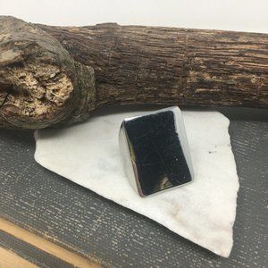 Rectangle Block Bright Silver Tone Chrome Minimalist Statement Cocktail Ring